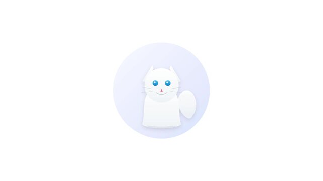 Minimalist Animated White Cat with Blue Eyes 2D Flat Design Motion Graphic on White Background