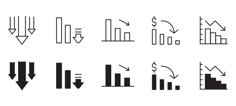 Decline Arrow Down and Financial Loss Trend Icon Set