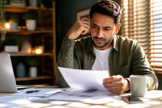 Stressed businessman reviewing paperwork and making decisions at office desk