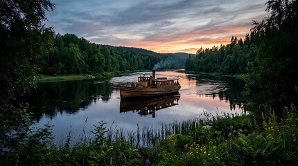 Obraz premium A vintage wooden steamship cruising down a calm river surrounded by lush green forests during a beautiful sunset