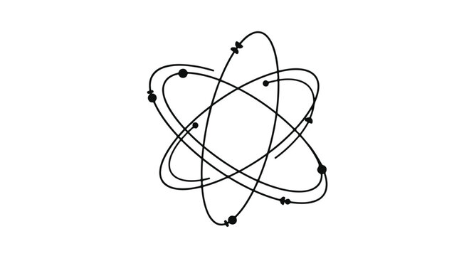 Atom model structure displays elegant orbits of subatomic particles circling a central core, representing the fundamental building blocks of matter and energy in a minimalist graphic illustration.