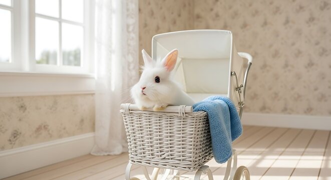 A white rabbit sitting comfortably in a wicker basket on a rocking chair with a blue blanket.