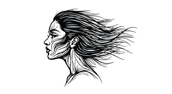 Woman silhouette with windswept hair expresses a profound sense of inner freedom and emotional release while capturing the raw essence of human contemplation within a minimalist artistic composition.