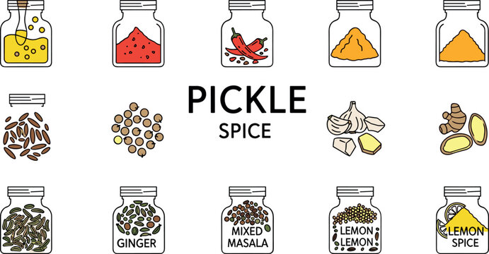 Pickle spice ingredient collection with jars powders seeds garlic ginger chili and lemon for kitchen packaging design