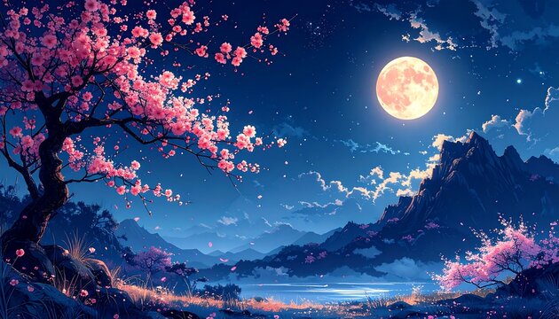 Animated nighttime scene with cherry blossoms, mountains, and a large moon. Serene landscape with soft colors, blue and pink