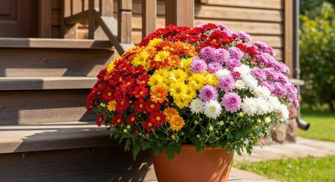 colorful flowers in pot on wooden stairs