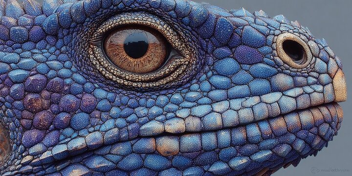 Close-up of a blue lizard's face showing its eye and scaly skin texture