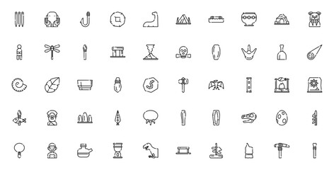 Prehistoric icon set. Minimalist line icons pack. Includes symbols for dinosaur, mammoth, volcano, cave, spear, fossil, skull, axe, pottery and more. Editable vector stroke. © wang