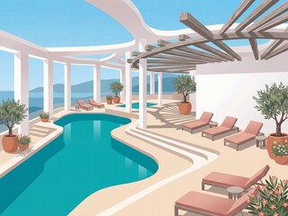 Fototapeta premium Flat Warm Summer Spa Resort Pool With Clean Website Hero Space Illustration