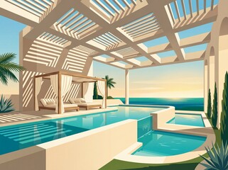 Fototapeta premium Clean Minimal Resort Pool Terrace With Geometric Skylight Shadows Illustration