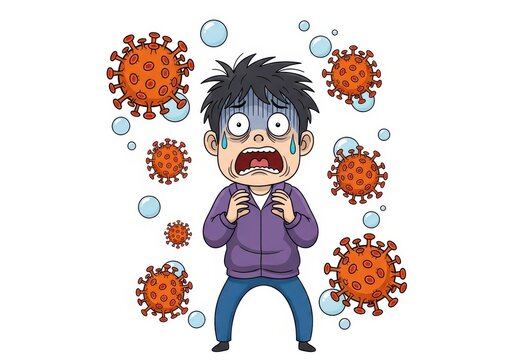 Terrified Cartoon Man Surrounded by Virus Cells and Germs Representing Pandemic Anxiety and Fear of Infection