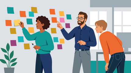 Fototapeta premium Diverse office workers brainstorming with colorful sticky notes on a wall in a modern meeting room