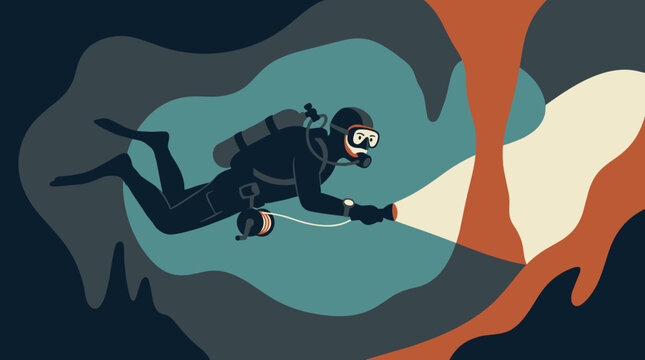 Professional cave diver exploring underwater cavern with advanced equipment in dark mysterious environment emphasizing adventure exploration