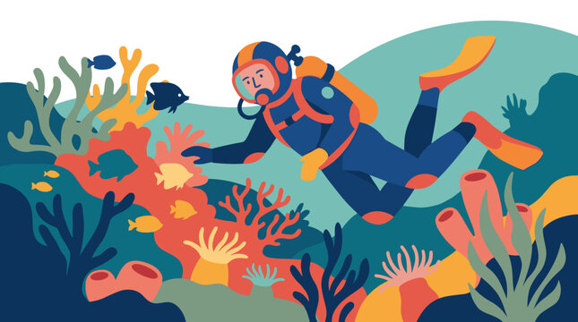 Professional diver exploring vibrant coral reef underwater with colorful marine life equipped with diving gear