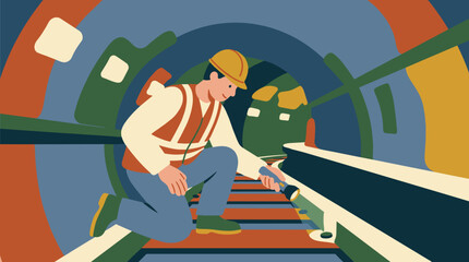 Fototapeta premium Subway worker inspecting and maintaining underground train tracks in a tunnel to ensure safety and proper functioning of transit infrastructure