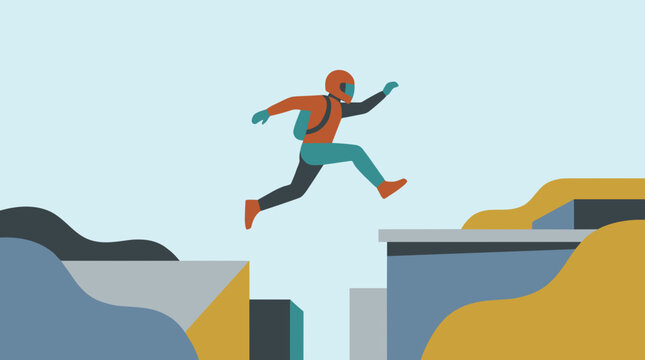 Dynamic stunt performer in mid air jump between rooftops in an urban cityscape showcasing daring acrobatics and extreme sports action with a vibrant background