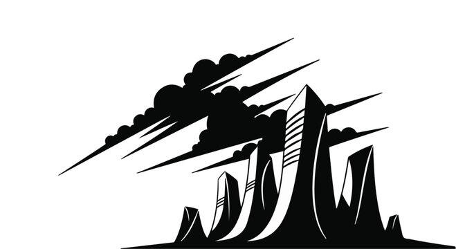 Skyscraper silhouette graphic set against stylized dark clouds suggests urban development and environmental concerns within a modern architectural illustration of a busy metropolitan skyline scene.