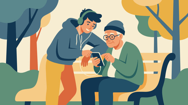 Teenager helps elderly person with technology outdoors