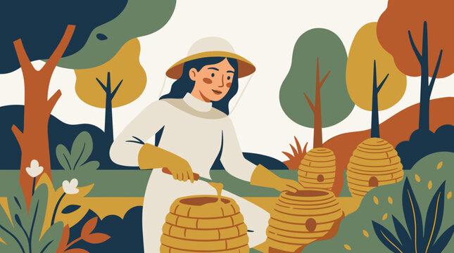 Woman in white beekeeping suit collecting honey from hive in autumn forest
