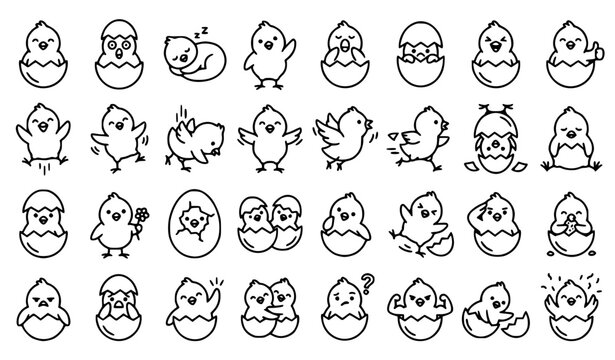 Cute Hatched Chickens in Cracked Eggs Line Art Vector Set with Funny Baby Chick Expressions