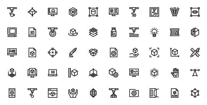 3D Printing icon set. Minimal vector icons pack. Featuring 3d printer, cube, computer, 3d printing pen, file, setting, idea, filament, robot hand, scanner and more. Editable vector stroke.
