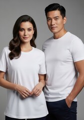 Fototapeta premium Portrait of caucasian woman and asian man wearing simple white t-shirt. Couple posing for fashion photography. Clothing mockup for design presentation. Casual apparel style concept.