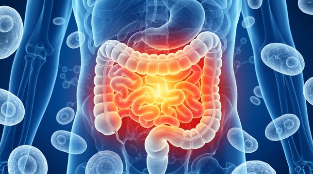 Anatomical Illustration of Human Digestive System with Inflamed Colon and Intestines Concept