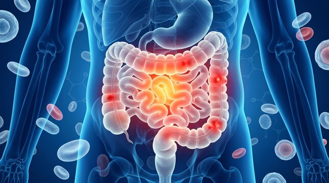 Human Digestive System Anatomy with Intestinal Inflammation and Red Blood Cells Background
