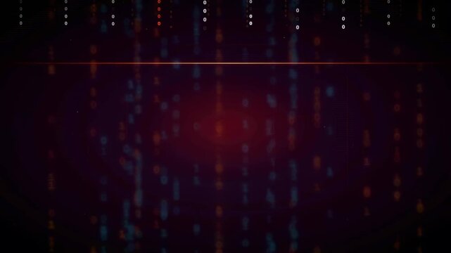 Abstract digital data stream with glowing particles and binary code on dark purple background