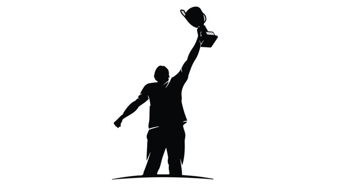Winner raising a golden trophy high above their head serves as a powerful visual metaphor for achieving professional success, personal victory, and reaching the pinnacle of individual ambition.