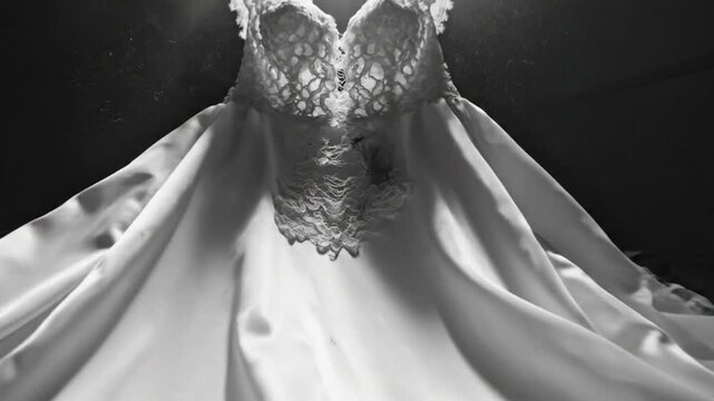 Black and White Shot of Damaged Wedding Dress on Crumbling Floor with Harsh Light and Gloom