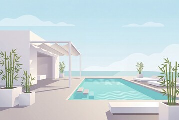 Fototapeta premium Flat Warm Poolside Towel Detail With Minimal Terrace And Turquoise Water Illustration