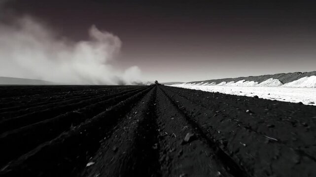 Black and white shot of a tractor plowing a field creating rows and a dusty cloud against a darkening sky