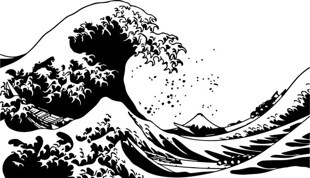 Japanese Great Wave Ocean Silhouette Black and White Vector Illustration