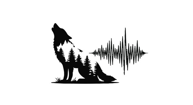 Wolf silhouette combined with a dense forest landscape and audio frequency waves that represents the wild spirit of nature meeting modern digital sound technology in a artistic design.