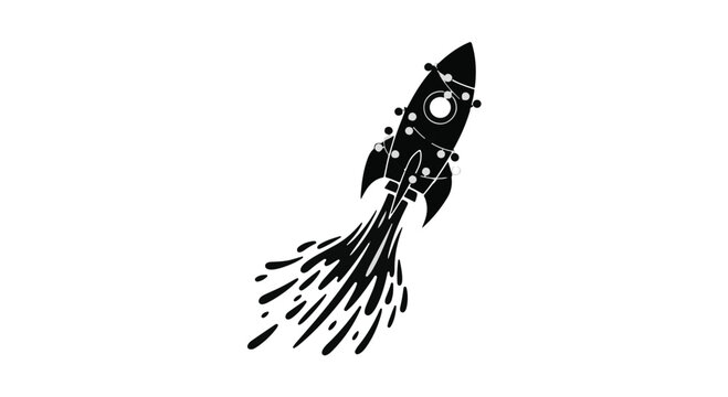 Rocket ship launches upward into the vast sky with a trailing plume of smoke, representing rapid innovation, startup growth, space exploration, and the pursuit of ambitious new technology goals.