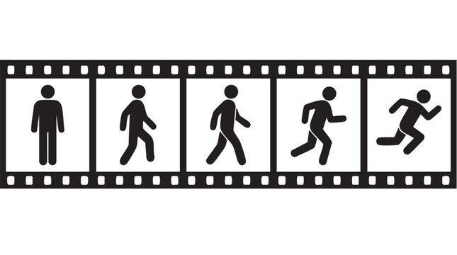 Person Walking, Running and Pushing Silhouettes on Filmstrip Frames with Black Pictogram Figures for Signage and Ui Icon Sets