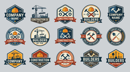Naklejka premium Construction logos with tools and labels.