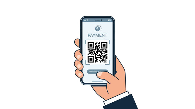 Hand holding smartphone with QR code.