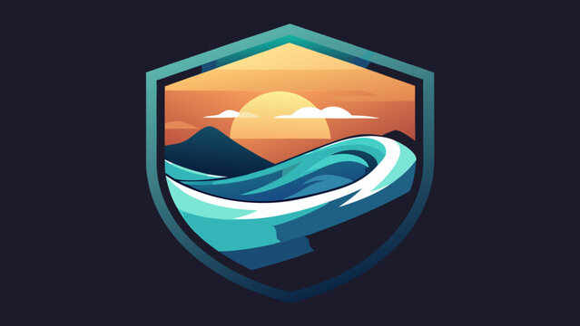 Ocean wave shield emblem with sunset landscape illustration adventure mountains template corporate branding identity abstract movement vacation