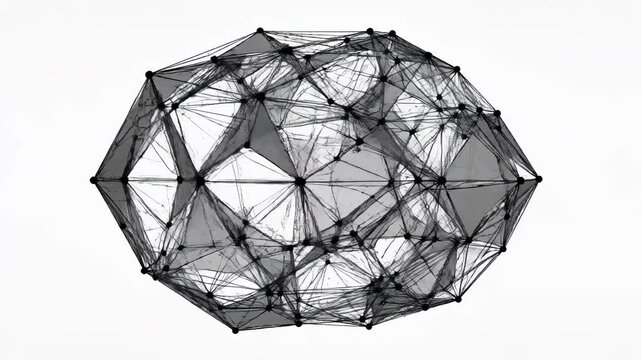 Abstract 3D Plexus Sphere Rotating Geometric Wireframe Structure with Black Nodes and Gray Facets Isolated on White Background Ideal for Technology Backgrounds.