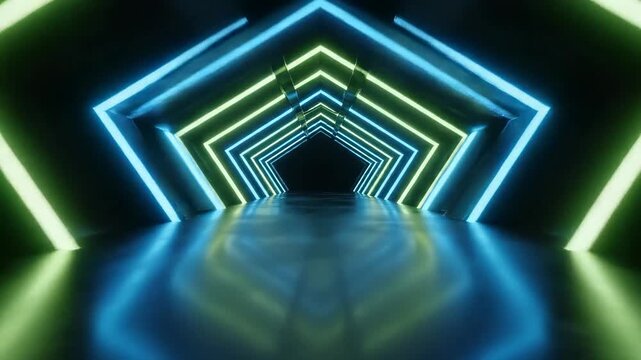 Futuristic Neon Tunnel with Blue and Green Pentagonal Light Frames in a Dark Corridor, Ideal for Sci-Fi Backgrounds and Gaming Intros.