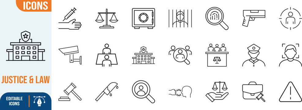 Criminal justice and law enforcement icons. scales icon set, gavel icon set, gun icon set