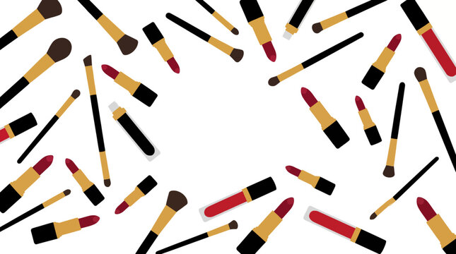 Flat lay of various makeup brushes and lipsticks on a white background.