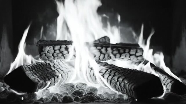 Cozy Black and White Fireplace: Burning Logs with Flickering Flames and Warm Ambiance in a Home