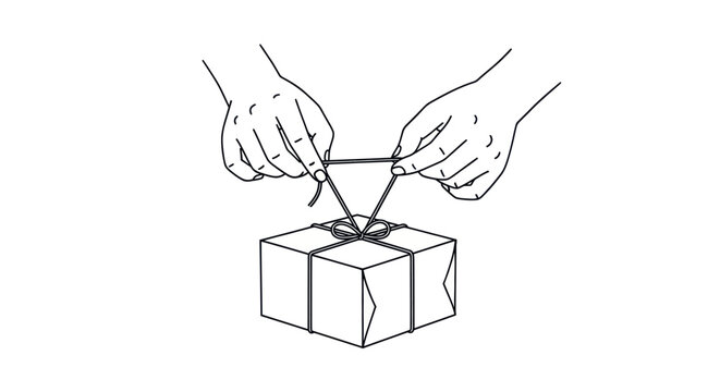 Hands tying a decorative ribbon on a gift box.
