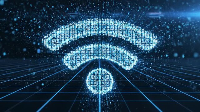 Futuristic Digital Wi-Fi Symbol with Glowing Blue Alphanumeric Code over a Perspective Grid, Ideal for Cybersecurity and High-Speed Internet Technology Concepts.