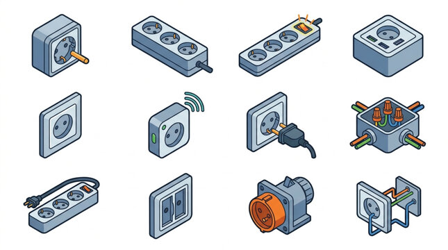 Collection of electrical outlets and power strips isometric icons.