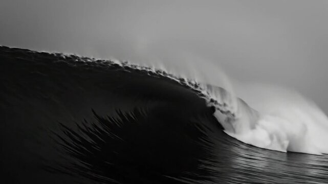 Epic monochrome ocean wave breaking under a full moon with rolling water and splashing foam