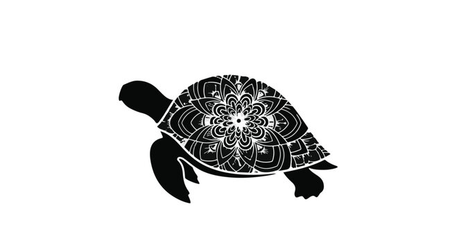 Turtle illustration features a detailed mandala pattern on its shell, showcasing an artistic blend of nature and intricate design.